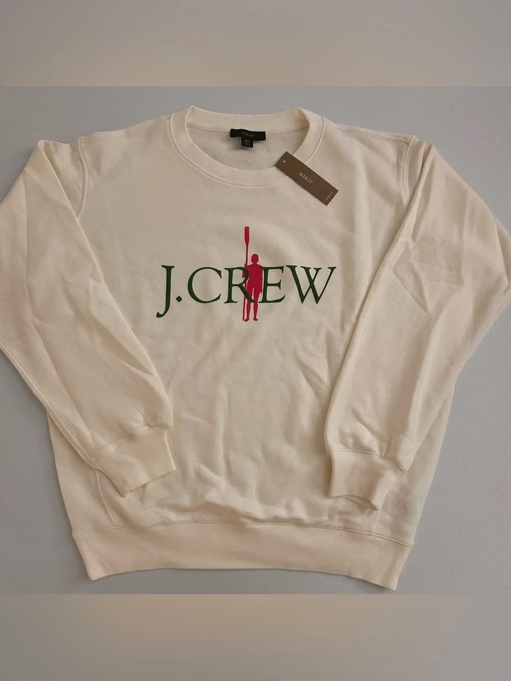 J. Crew Cream Sweatshirt with Green Logo and Pink Graphic size xs
